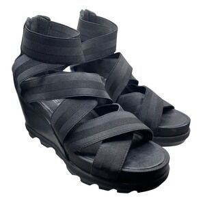 Sorel Joanie Black Elastic Wedge Sandals‎ Women's Size 8 Zipper Strappy Ankle